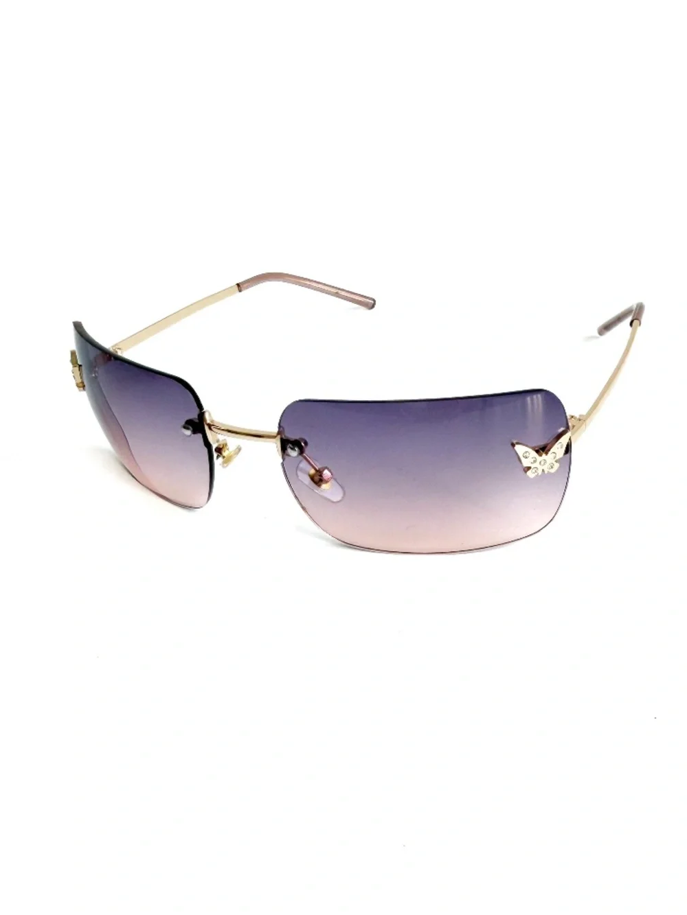 Y2K Rimless Purple Gradient Sunglasses Rhinestone Butterfly Gold Tone Retro